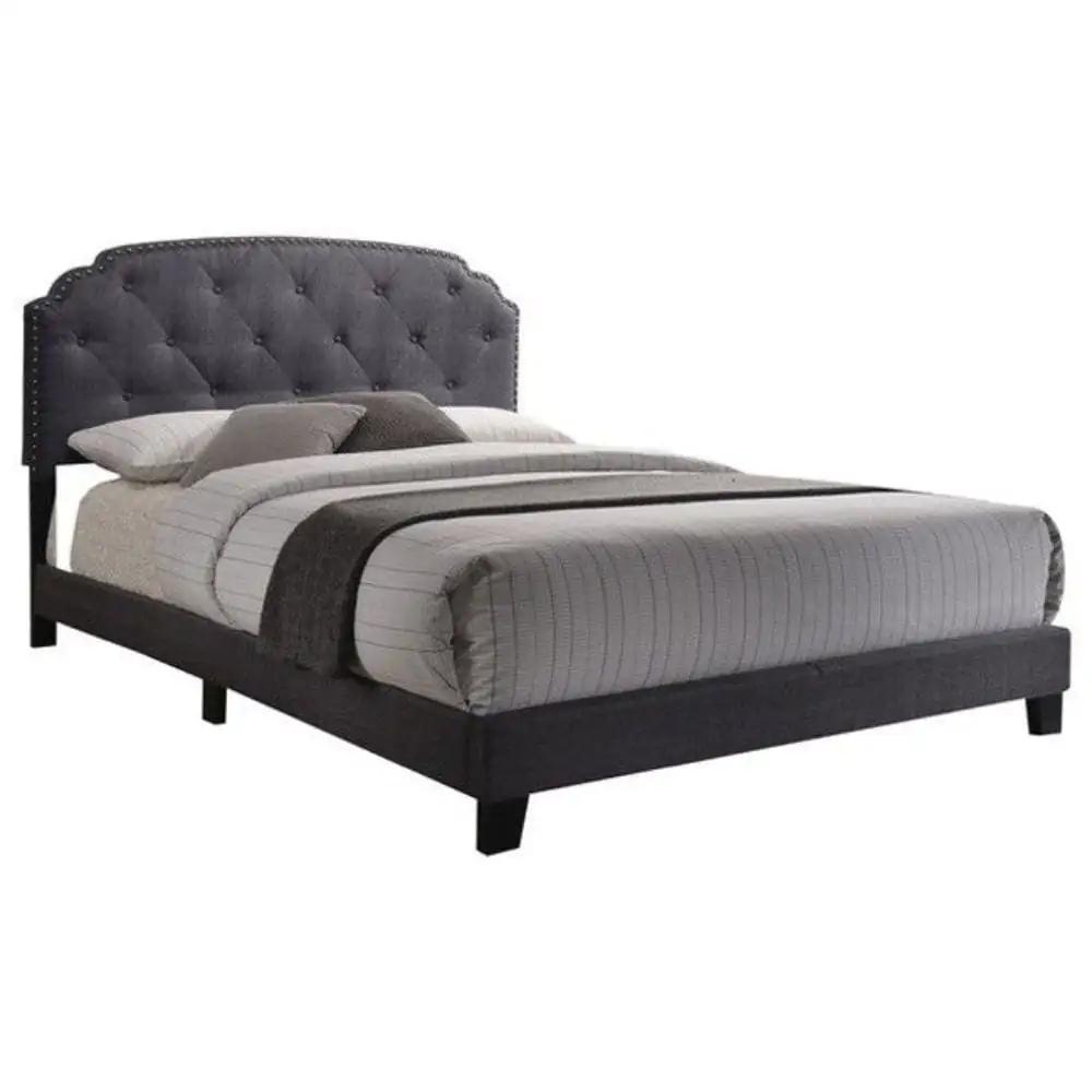 Queen Tufted Gray Upholstered Linen Bed With Nailhead Trim - Homeroots