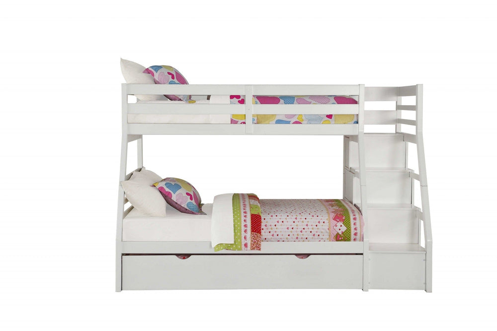 95" X 56" X 65" Twin Over Full White Storage Ladder And Trundle Bunk Bed - Homeroots