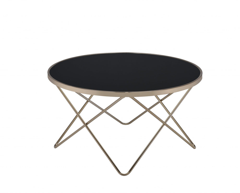 34" Black And Gold Glass And Iron Round Coffee Table - Homeroots