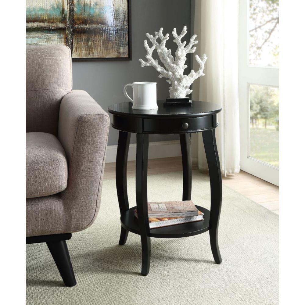 24" Blakc And Black Solid Wood Round End Table With Shelf - Homeroots