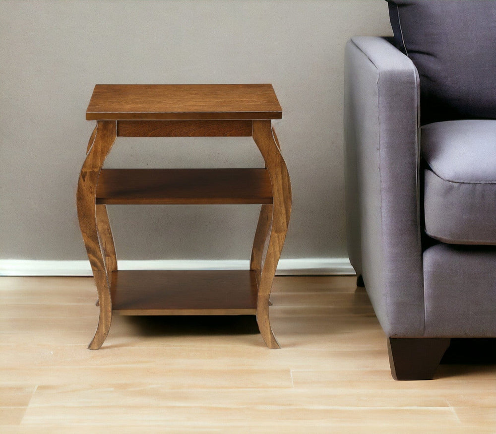 23" Brown Wood Bow Leg Square End Table With Two Shelves - Homeroots