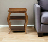 23" Brown Wood Bow Leg Square End Table With Two Shelves - Homeroots