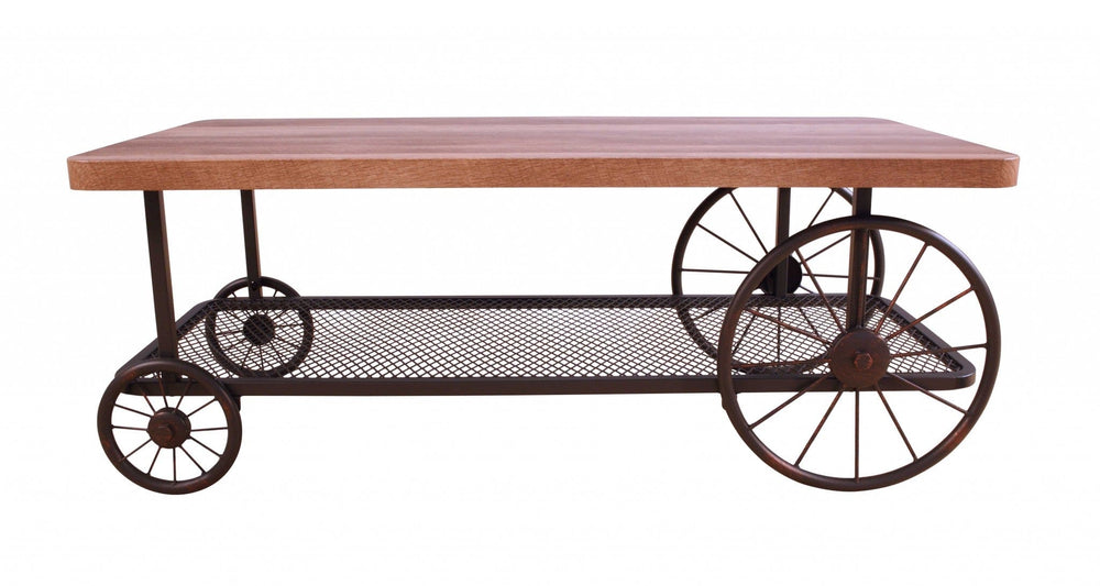 Rectangular Oak Finish Coffee Table With Metal Mesh Bottom Shelf - Homeroots