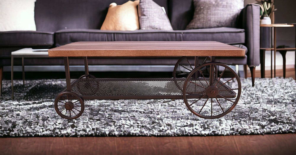 Rectangular Oak Finish Coffee Table With Metal Mesh Bottom Shelf - Homeroots - Flyclothing LLC