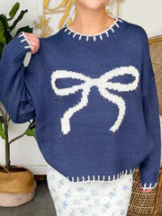 Bow Round Neck Long Sleeve Sweater - Trendsi