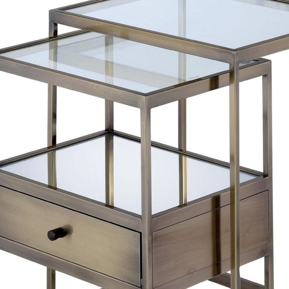 Set of Two 26" Brass And Clear Glass And Iron End Table With Drawer And Two Shelves With Magazine Holder - Homeroots
