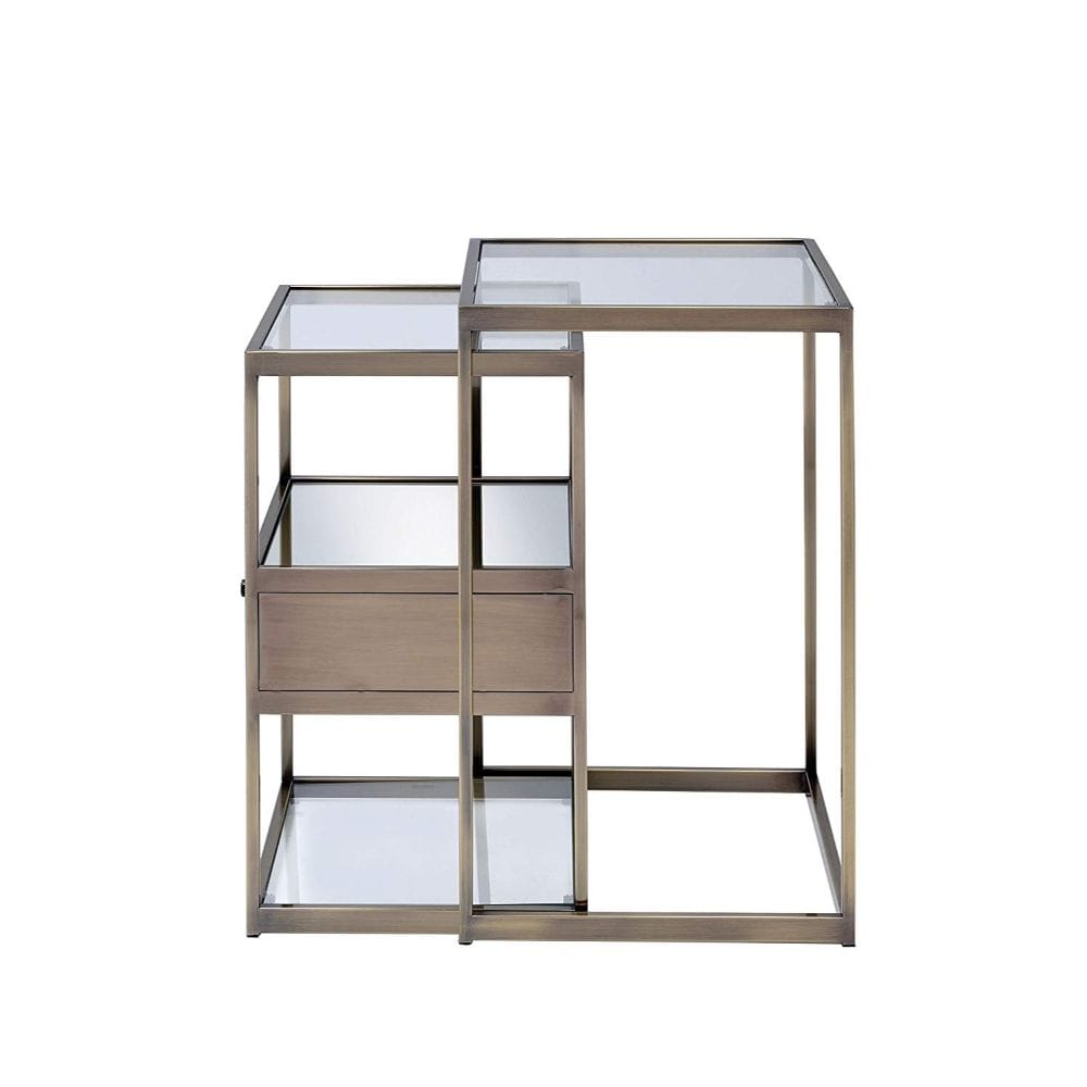 Set of Two 26" Brass And Clear Glass And Iron End Table With Drawer And Two Shelves With Magazine Holder - Homeroots