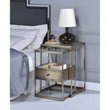 Set of Two 26" Brass And Clear Glass And Iron End Table With Drawer And Two Shelves With Magazine Holder - Homeroots