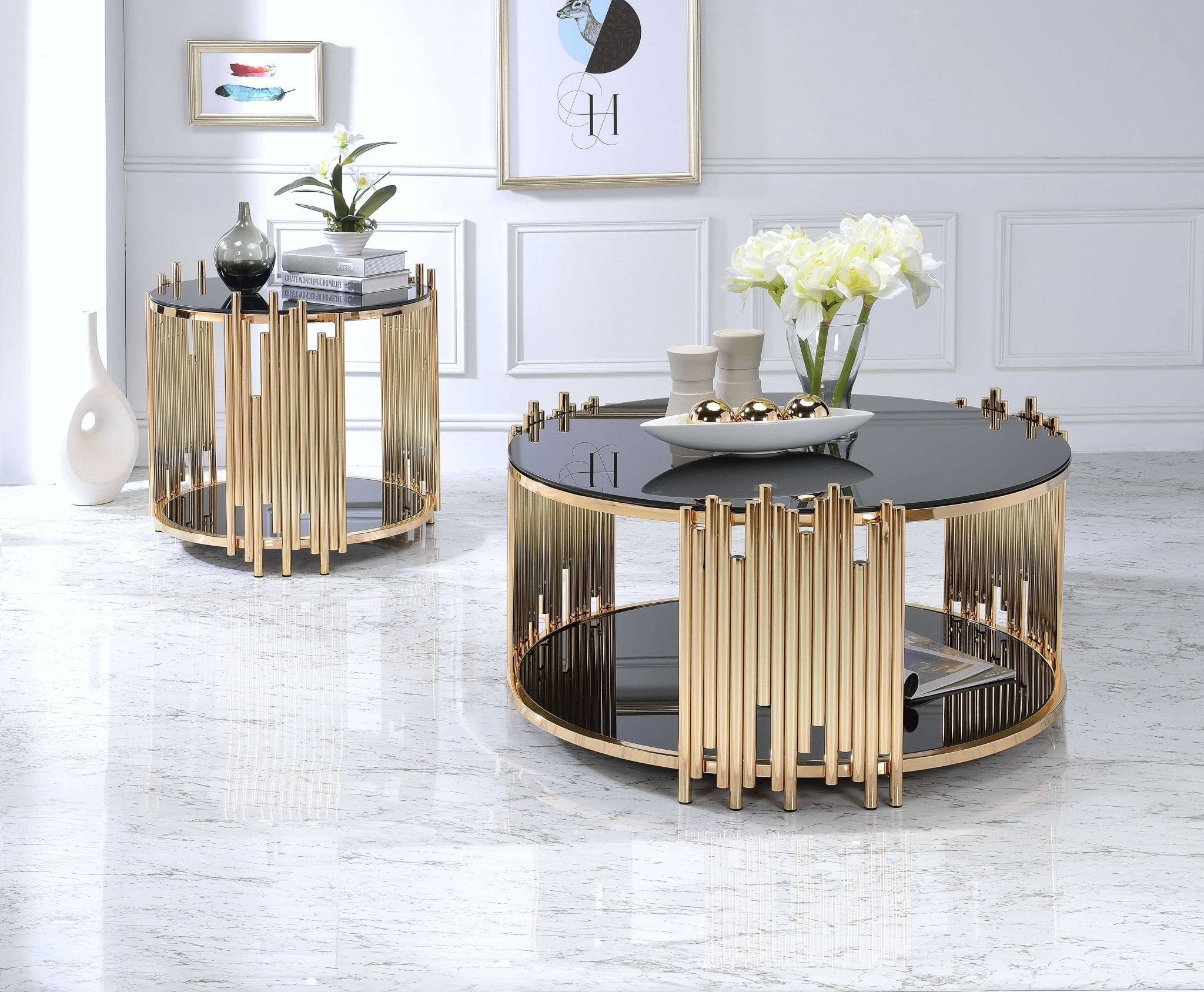 22" Gold And Black Glass And Iron Round End Table With Shelf - Homeroots