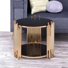 22" Gold And Black Glass And Iron Round End Table With Shelf - Homeroots