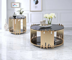 22" Gold And Black Glass And Iron Round End Table With Shelf - Homeroots