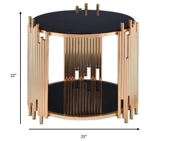 22" Gold And Black Glass And Iron Round End Table With Shelf - Homeroots