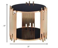 22" Gold And Black Glass And Iron Round End Table With Shelf - Homeroots