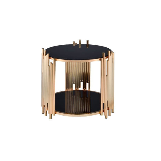 22" Gold And Black Glass And Iron Round End Table With Shelf - Homeroots