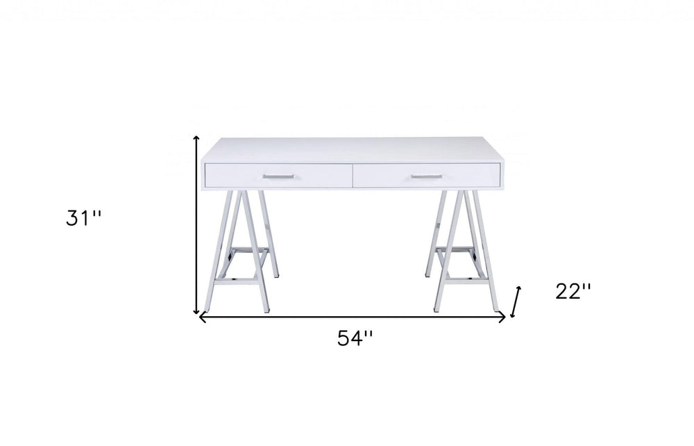 54" White and Silver Writing Desk With Two Drawers - Homeroots - Flyclothing LLC