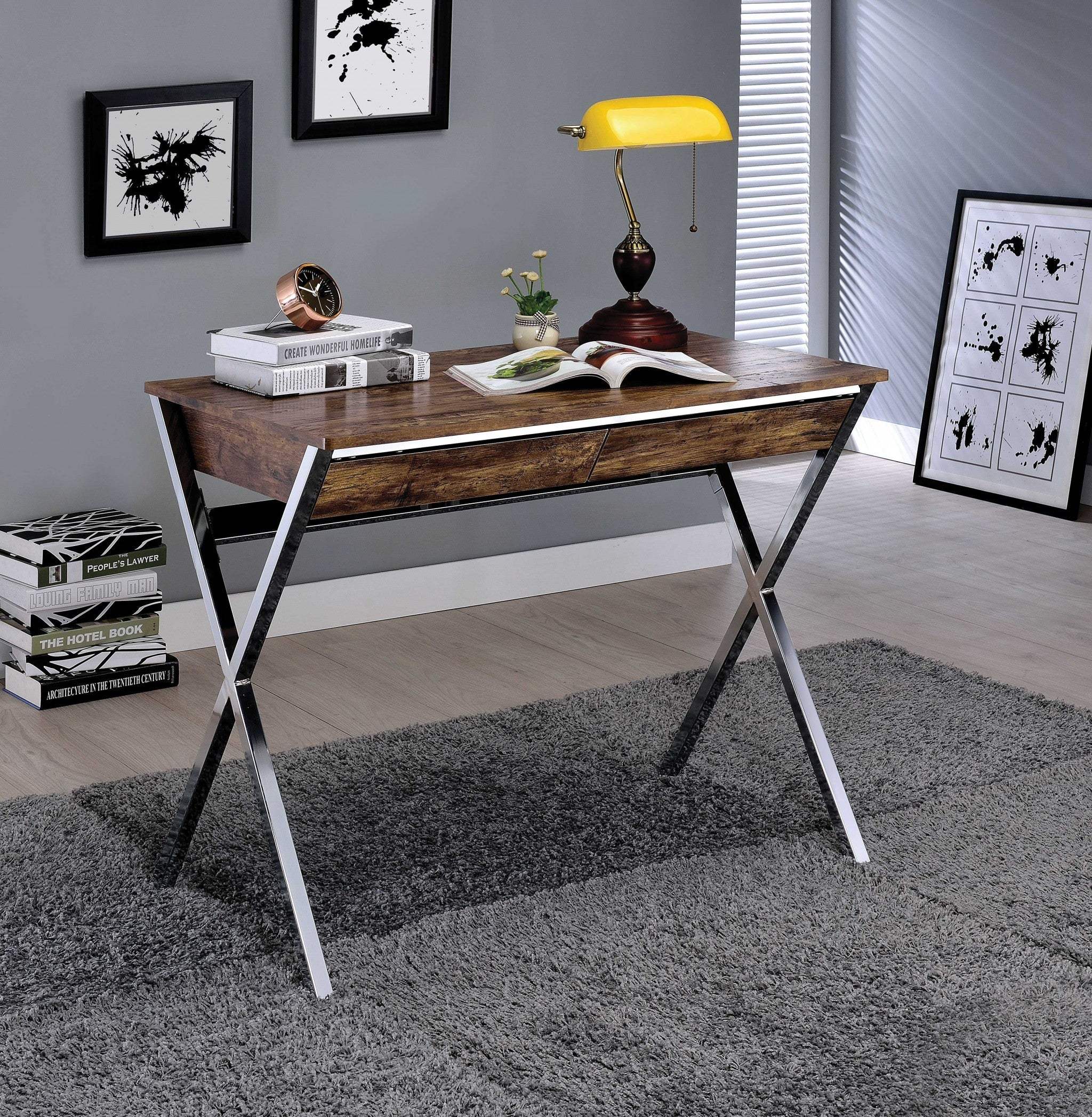 36" Brown and Silver Writing Desk With Two Drawers - Homeroots - Flyclothing LLC