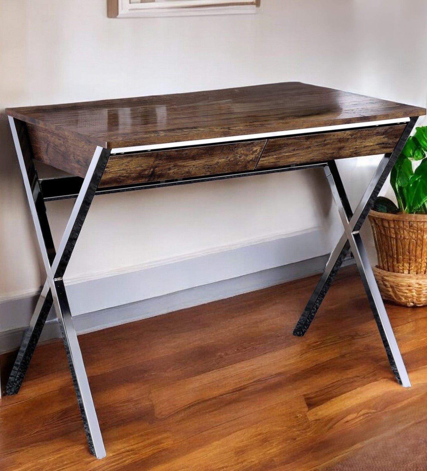 36" Brown and Silver Writing Desk With Two Drawers - Homeroots - Flyclothing LLC