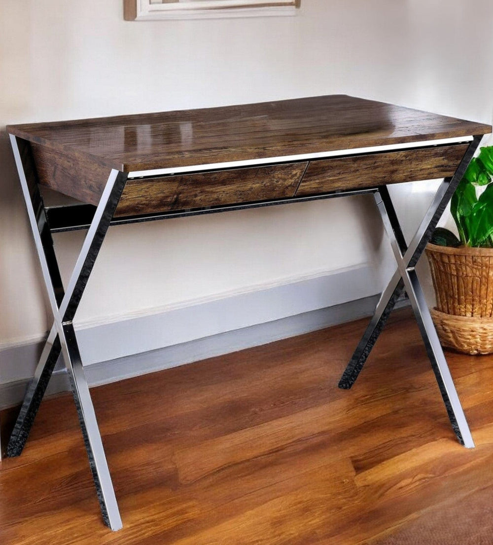 36" Brown and Silver Writing Desk With Two Drawers - Homeroots