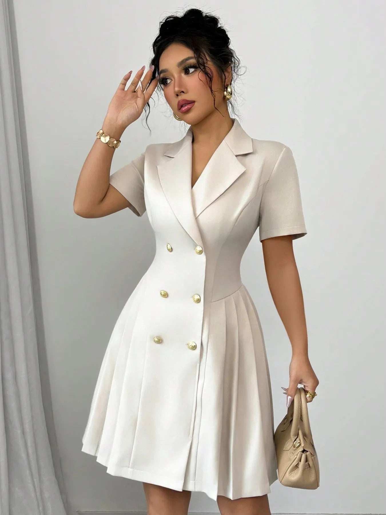 Double-Breasted Short Sleeve Dress - Trendsi - Flyclothing LLC