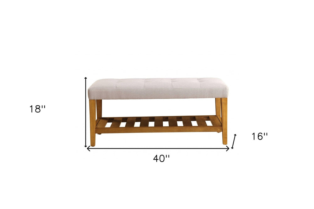 40" Light Gray and Brown Upholstered Polyester Bench with Shelves - Homeroots