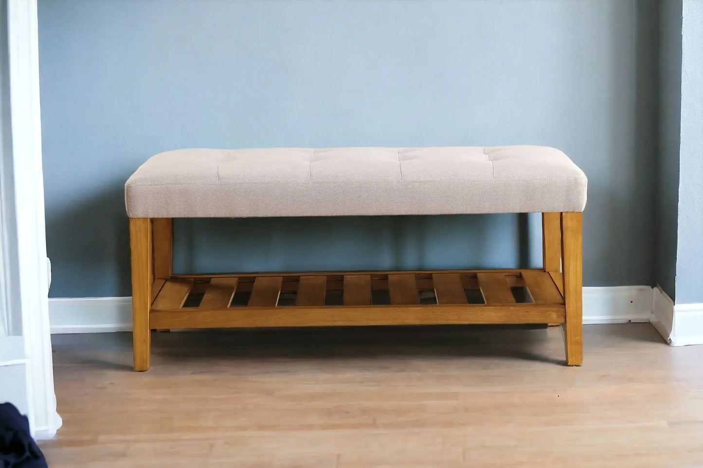 40" Light Gray and Brown Upholstered Polyester Bench with Shelves - Homeroots - Flyclothing LLC