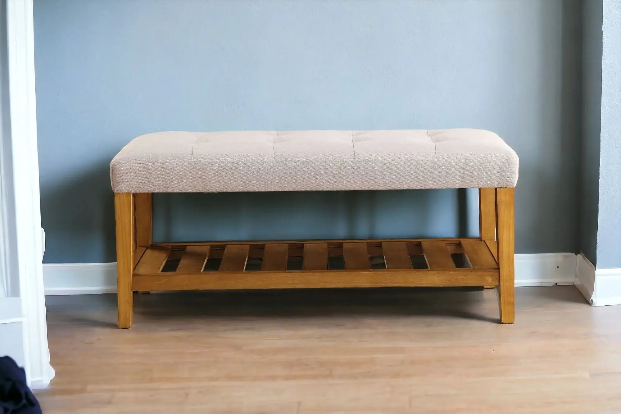40" Light Gray and Brown Upholstered Polyester Bench with Shelves - Homeroots - Flyclothing LLC