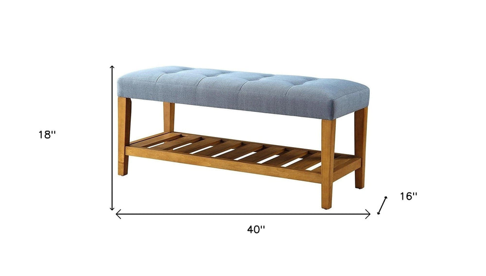 40" Blue and Brown Upholstered Polyester Bench with Shelves - Homeroots