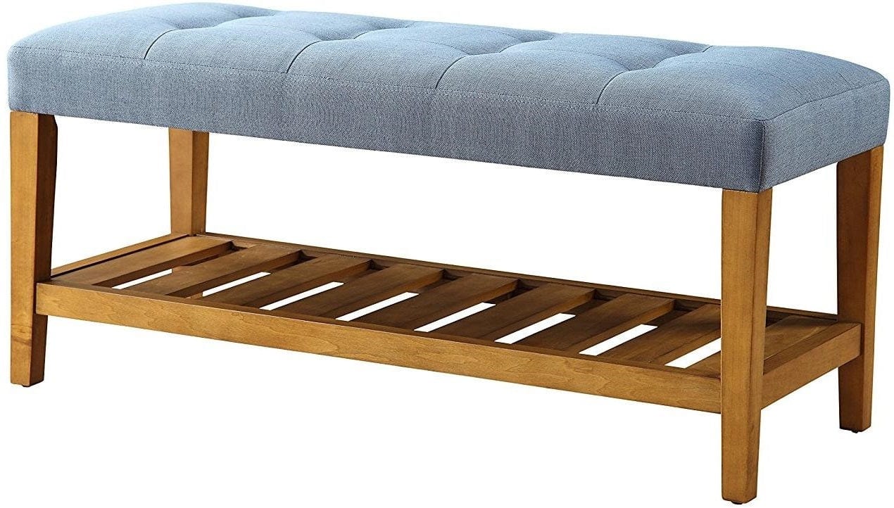 40" Blue and Brown Upholstered Polyester Bench with Shelves - Homeroots - Flyclothing LLC