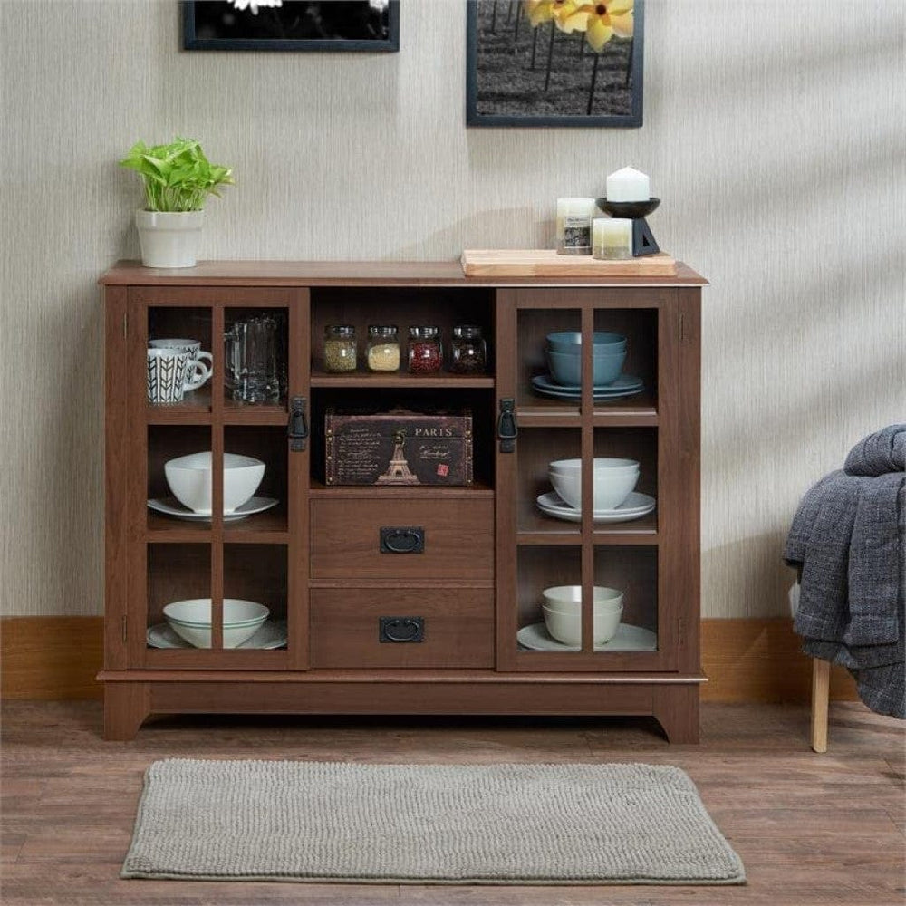 42" Walnut Two Drawer Sideboard with Glass Doors - Homeroots - Flyclothing LLC