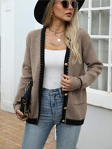 Contrast Trim Button Up Long Sleeve Cardigan - Trendsi - Flyclothing LLC