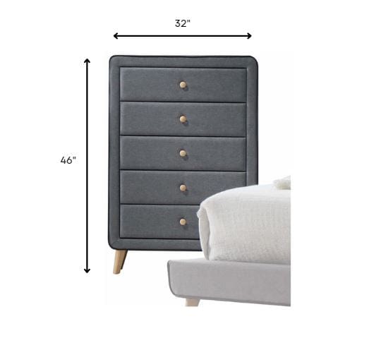 46" Light Gray Upholstery 5 Drawer Chest Dresser With Light Natural Legs - Homeroots