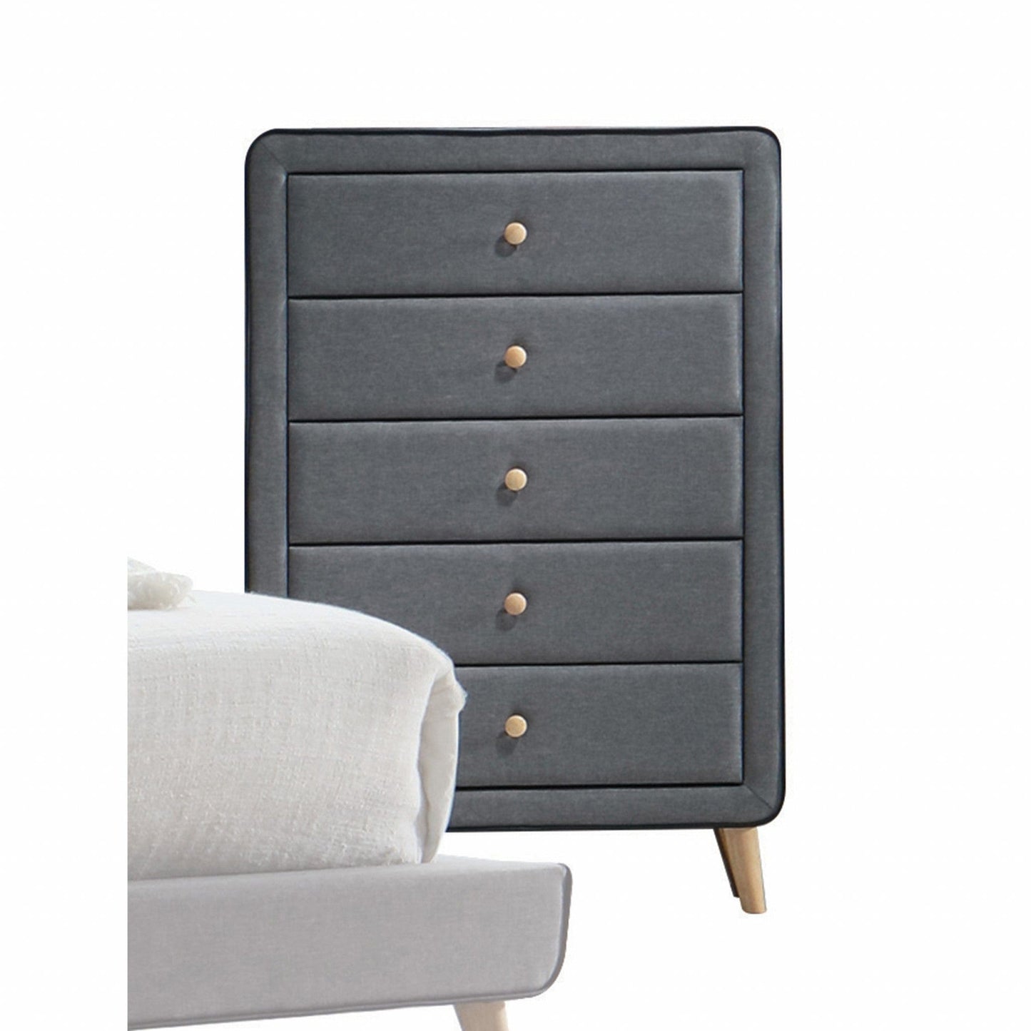46" Light Gray Upholstery 5 Drawer Chest Dresser With Light Natural Legs - Homeroots - Flyclothing LLC