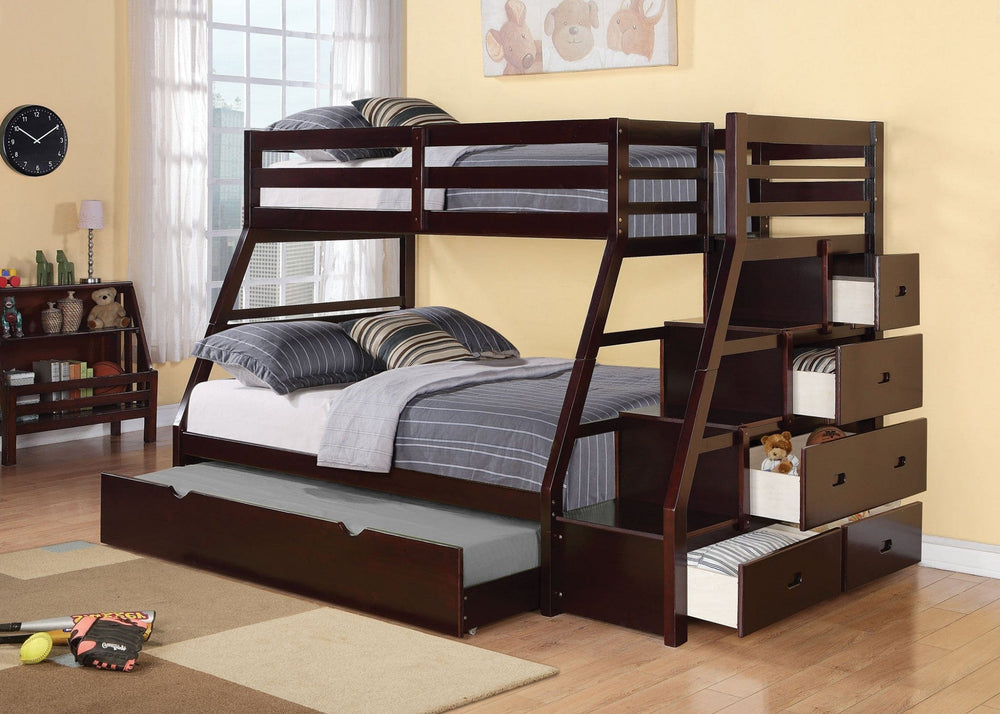 98" X 56" X 65" Espresso Pine Wood Bunk Bed (Twin/Full) With Trundle - Homeroots