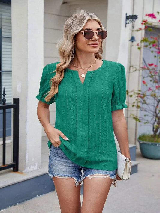 Eyelet Notched Short Sleeve Top - Trendsi - Flyclothing LLC