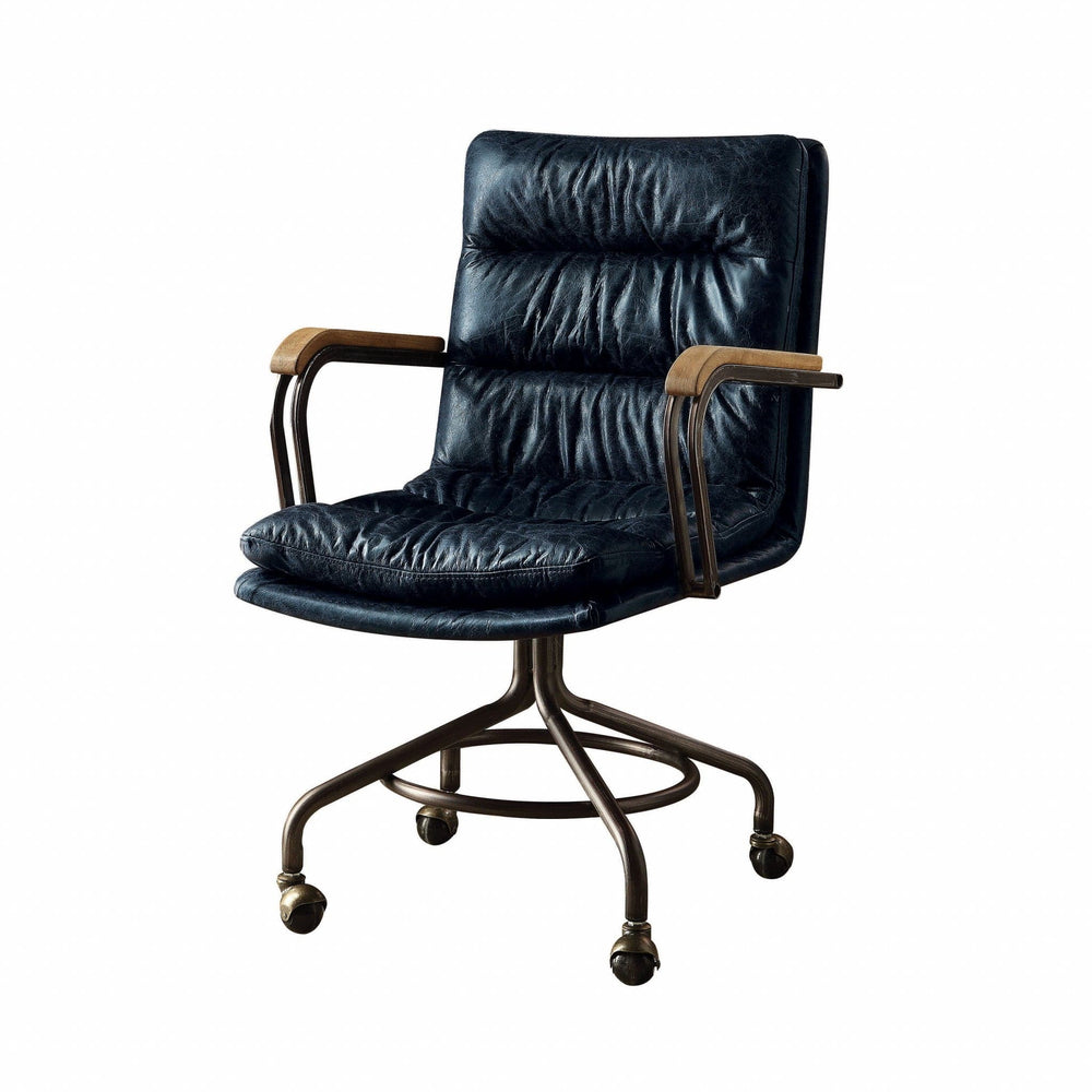 Navy Blue and Dark Brown Adjustable Swivel Leather Rolling Executive Office Chair - Homeroots