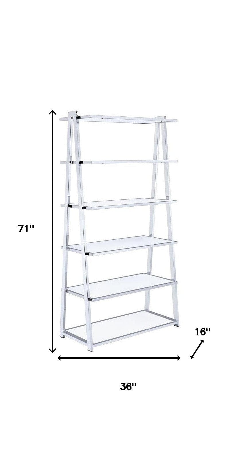 71" White and Silver Metal and Glass Five Tier Ladder Bookcase - Homeroots
