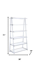 71" White and Silver Metal and Glass Five Tier Ladder Bookcase - Homeroots