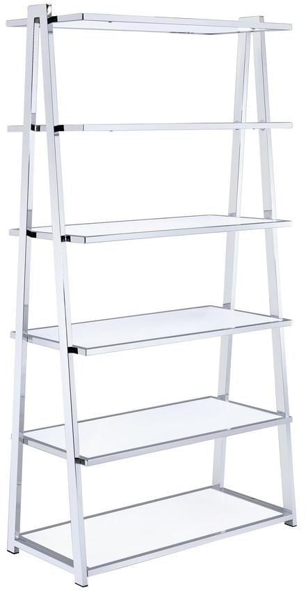 71" White and Silver Metal and Glass Five Tier Ladder Bookcase - Homeroots