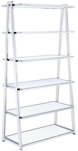 71" White and Silver Metal and Glass Five Tier Ladder Bookcase - Homeroots - Flyclothing LLC