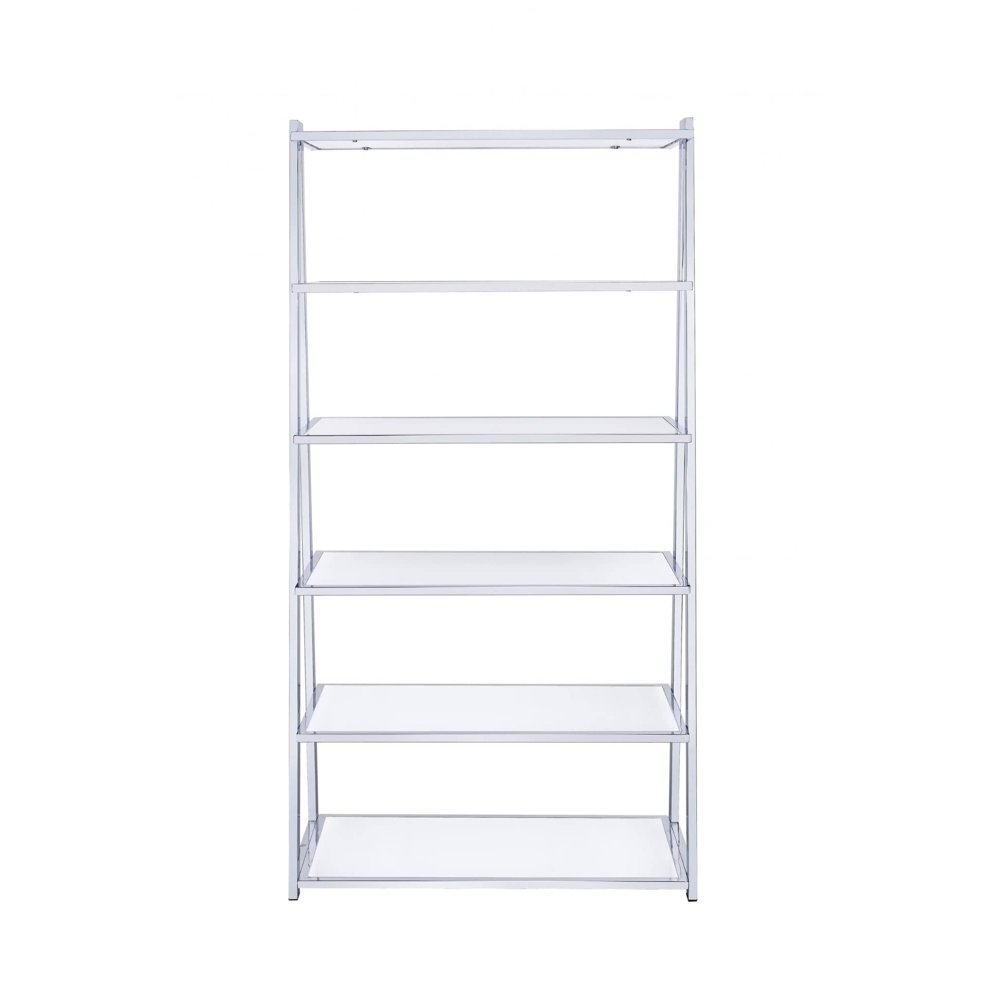 71" White and Silver Metal and Glass Five Tier Ladder Bookcase - Homeroots