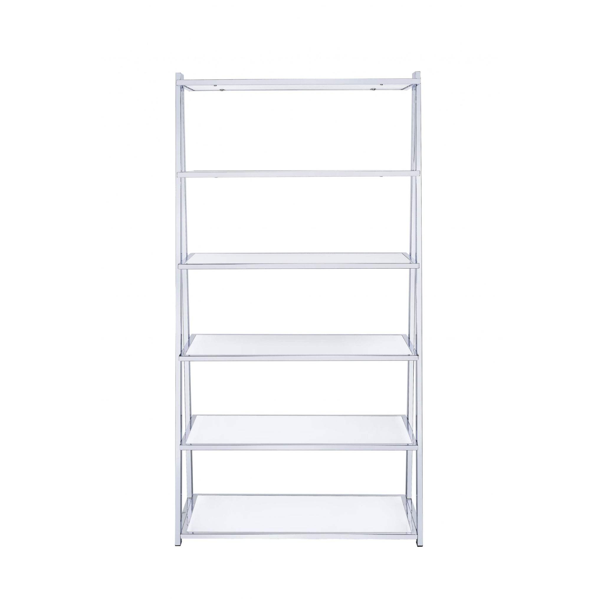 71" White and Silver Metal and Glass Five Tier Ladder Bookcase - Homeroots - Flyclothing LLC