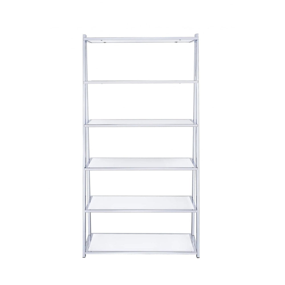 71" White and Silver Metal and Glass Five Tier Ladder Bookcase - Homeroots - Flyclothing LLC