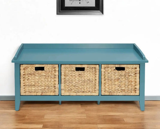 43" Teal Blue Solid Wood Storage Bench with Drawers - Homeroots
