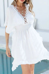 Ruffled Smocked Waist V-Neck Cover-Up - Trendsi - Flyclothing LLC