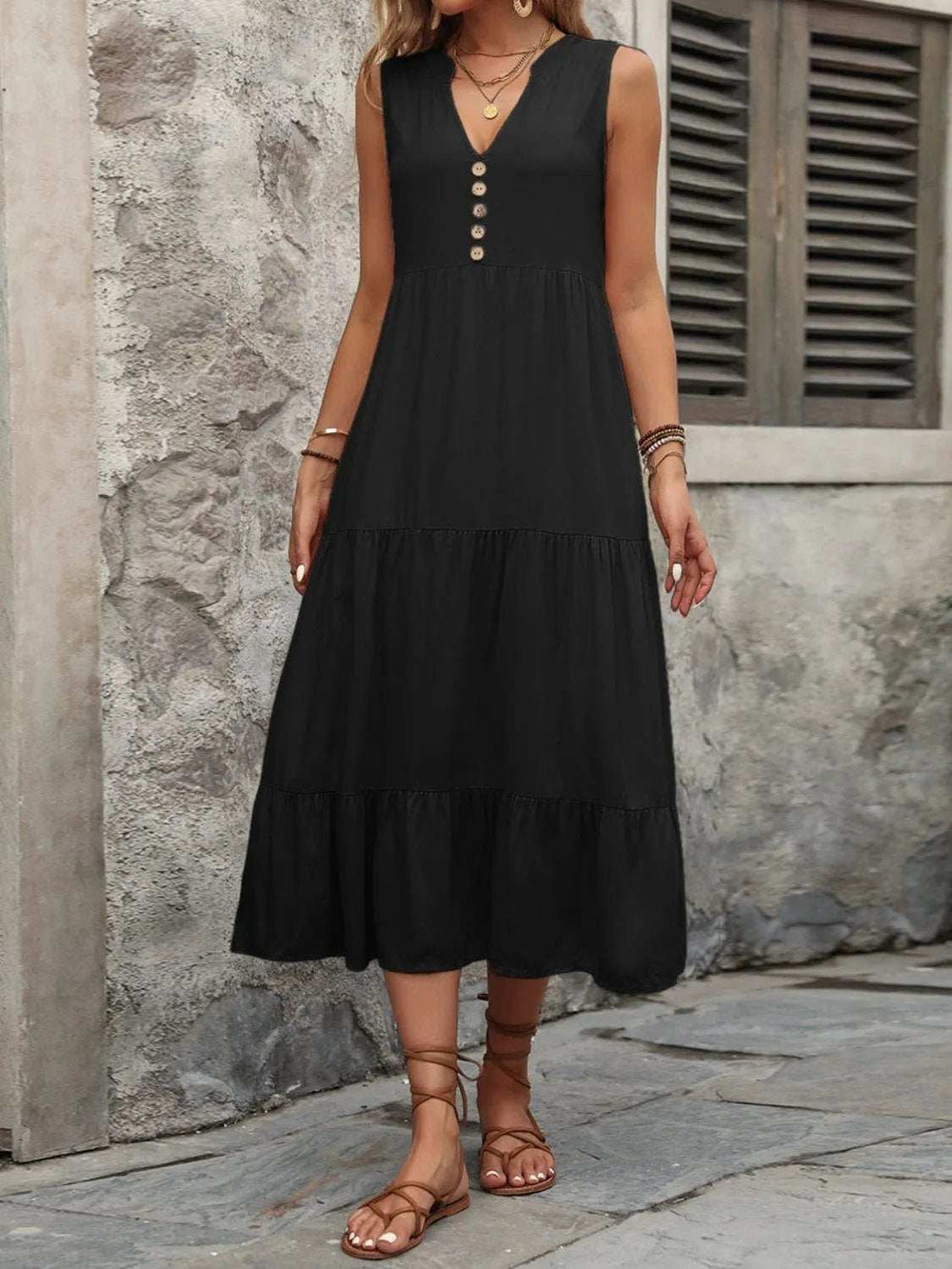 Decorative Button Notched Sleeveless Dress - Trendsi - Flyclothing LLC