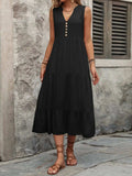 Decorative Button Notched Sleeveless Dress - Trendsi - Flyclothing LLC