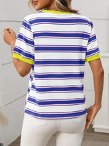 Contrast Striped Round Neck Short Sleeve T-Shirt - Trendsi - Flyclothing LLC