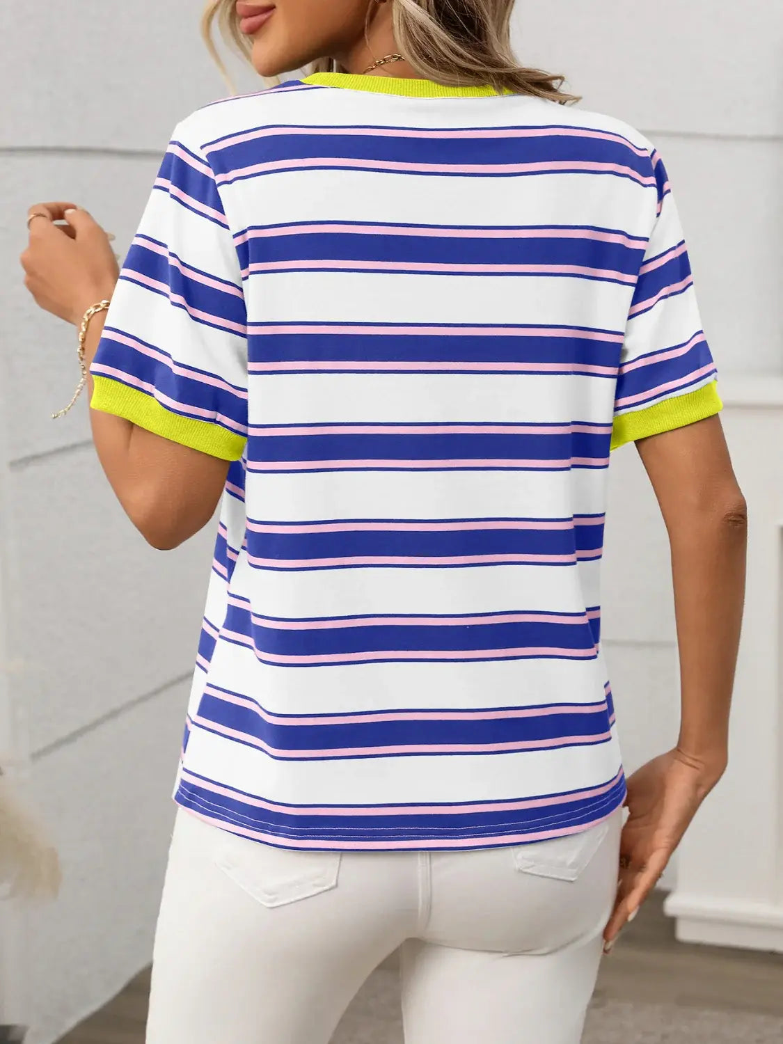 Contrast Striped Round Neck Short Sleeve T-Shirt - Trendsi - Flyclothing LLC