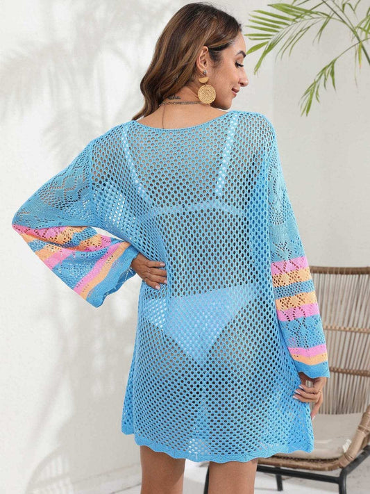 Openwork Contrast Long Sleeve Cover-Up - Trendsi - Flyclothing LLC