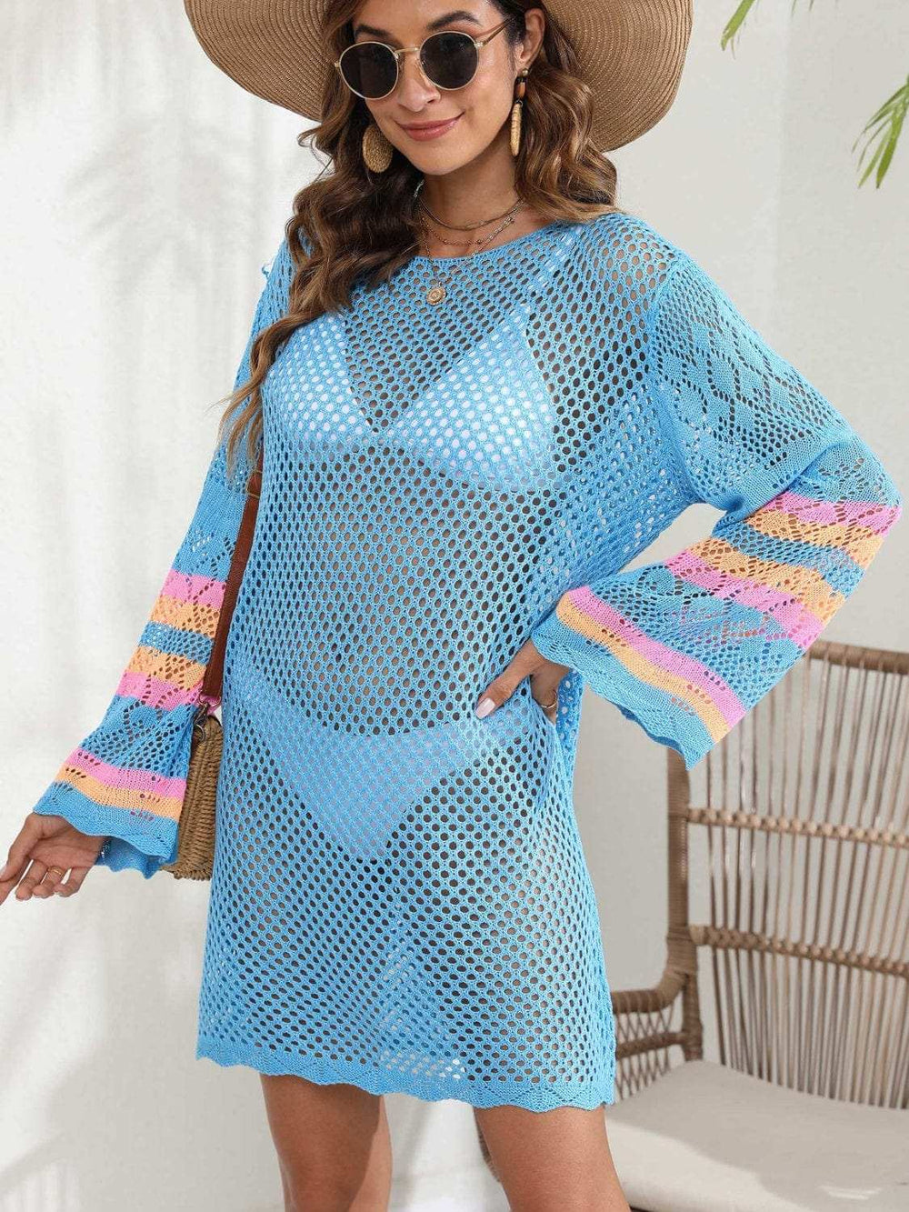 Openwork Contrast Long Sleeve Cover-Up - Trendsi - Flyclothing LLC